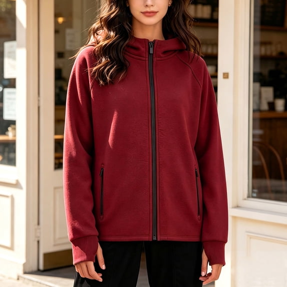CFLVAEK Zip Up Hoodies for Women with Zipper Pockets Plus Size Raglan Long Sleeve Hooded Sweatshirts Trendy Fall Winter Hoodie Wine XXL
