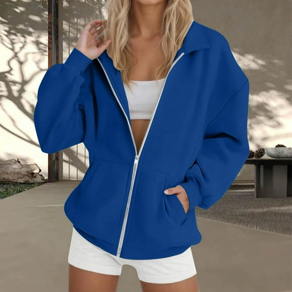 CFLVAEK Zip Up Sweatshirts for Women No Hood Oversized Long Sleeve Lapel Sweatshirt Solid Color Fall Workout Sweatshirt with Pockets Blue L