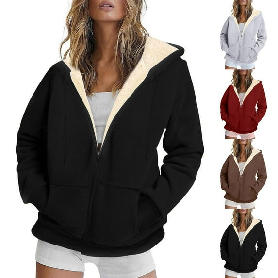CFLVAEK Zipper Hoodies for Women Plus Size Fleece Lined Hoodie Jackets Thermal Winter Hooded Sweatshirts Solid Color Long Sleeve Sweatshirt with Pocket Coffee XXL