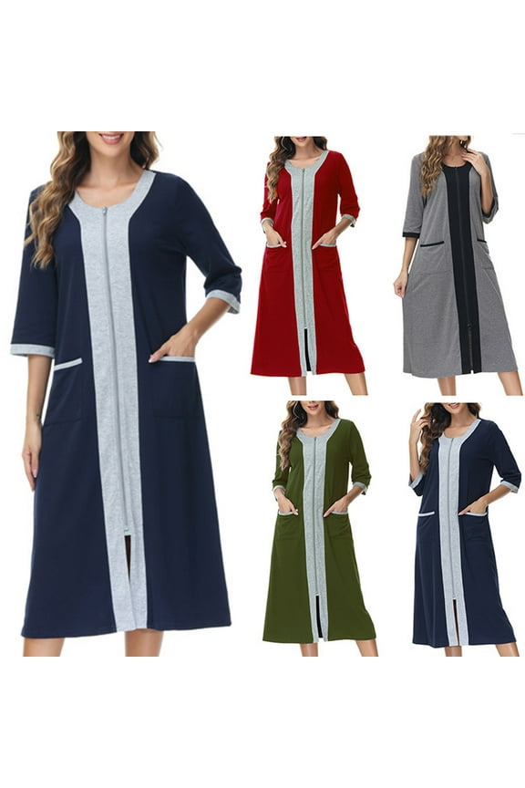 Zipper Robes for Women with Side Pockets Lightweight 3/4 Sleeve Cotton Bathrobes Comfy Full Length Sleepwear Color Block Print Loungewear Army Green XXL