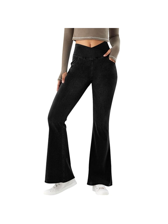 Bell Bottom Jeans for Women Crossover Pull On Flare Jeggings High Waisted Stretchy Flare Jeans with Pockets