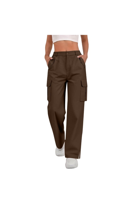 Cargo Pants for Women High Waisted Straight Wide Leg Pants Casual Side Split Workout Trousers with Pockets Y2k Streetwear Coffee L