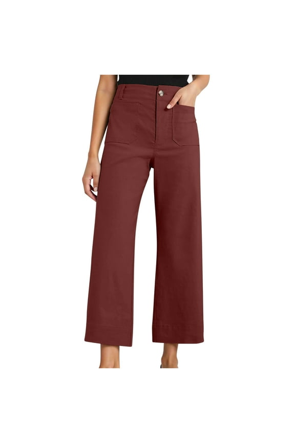 Twill Stretch Cropped Wide Leg Pants for Women Business Casual High Waist Chino Pants Office Work Ankle Jeans with Pocket