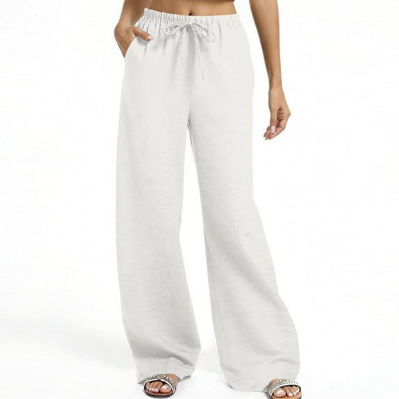 CFMDUC Wide Leg Pants for Women Casual Loose Drawstring High Waist Pants Baggy Comfy Lounge Trousers with Pockets White M