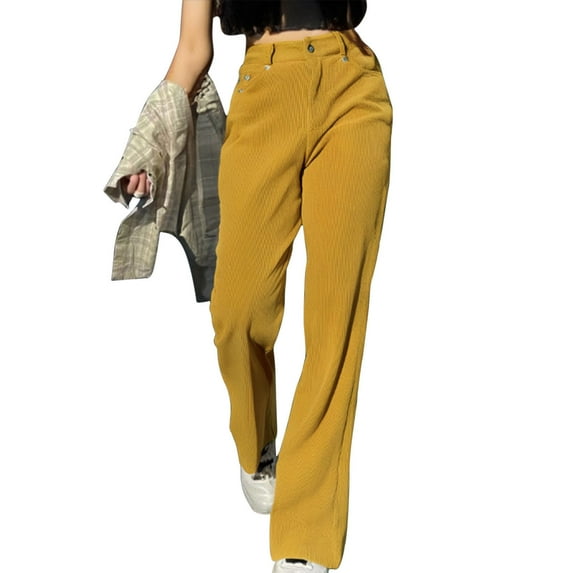 CFMDUC Wide Leg Pants for Women Corduroy High Waisted Palazzo Pants Fall Winter Straight Leg Lounge Trousers with Pockets Yellow XXL