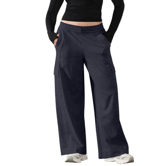 CFMDUC Wide Leg Sweatpants for Womens Elastic Waist Baggy Cargo Pants Casual Stretchy Work Athletic Lounge Trousers with Pockets Navy Blue XXL