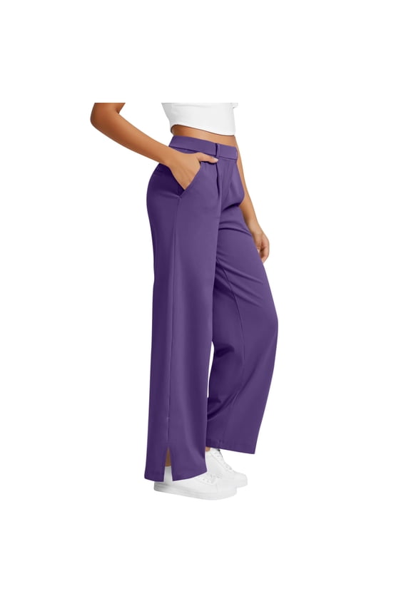 Women's Dress Pants Stretchy Work Business Slacks Pants High Waisted Wide Leg Side Slit Casual Trousers with Pockets Purple L