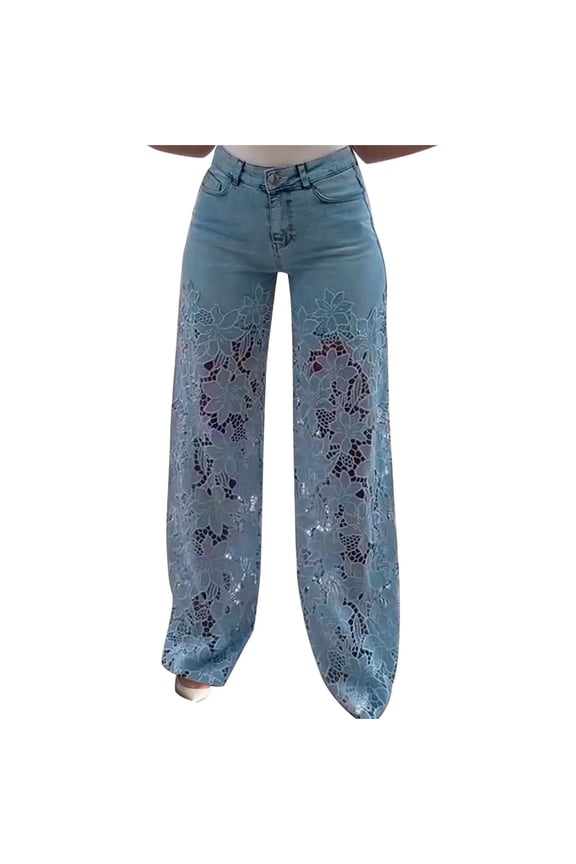 Women's Lace Patchwork Jeans High Waisted Wide Leg Denim Pants Hollow Out Sheer Flower Baggy Stetch Trousers Light Blue M