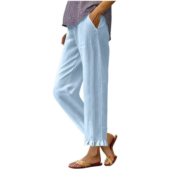 CFMDUC Women’s Linen Casual Pants Wide Leg Drawstring Elastic Waist Ruffle Harem Palazzo Pants with Pockets