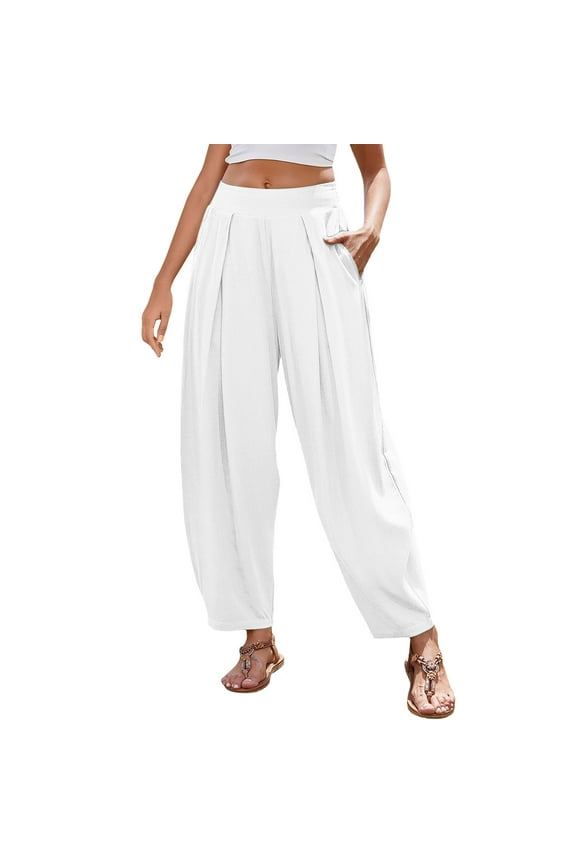 Women's Linen Harem Pants Elastic Wide Waistband Wide Leg Boho Pants Casual Loose Fit Lounge Trousers with Pockets White XXL