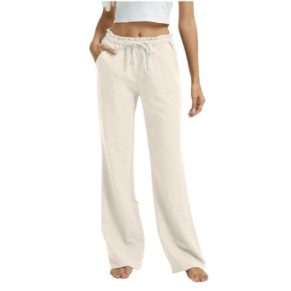 CFMDUC Women's Linen Pants Drawstring Smocked Waist Straight Leg Pants Casual Lightweight Trousers with Pockets Beige XL