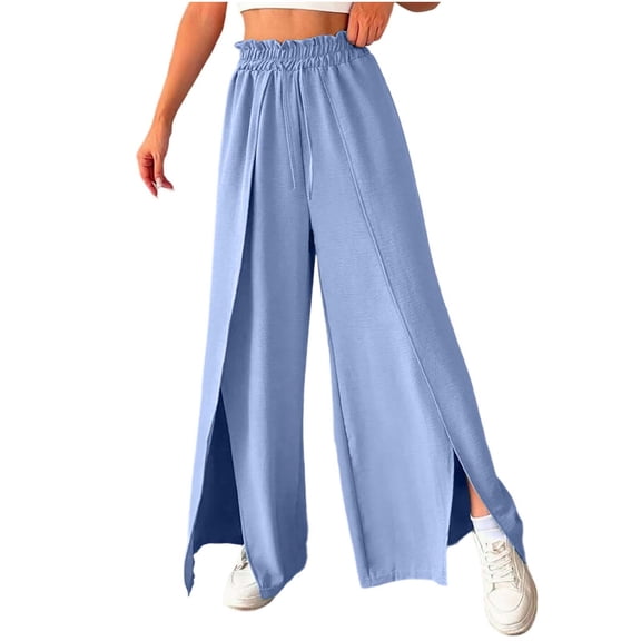 CFMDUC Women's Palazzo Pants Drawstring Elastic High Waist Wide Leg Slit Pants Split Loose Lightweight Flowy Trousers with Pockets Blue M