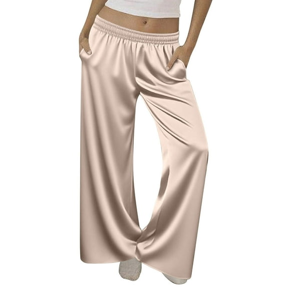 CFMDUC Women's Silk Satin Palazzo Pants Elastic Waist Soft Lounge Pants Casual Loose Pajama Trousers Sleepwear Pj Bottoms with Pockets Rose Gold S
