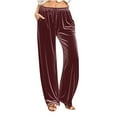 thumbnail image 1 of CFMDUC Women's Velvet Velour Pants Drawstring High Waist Wide Leg Sweatpants Casual Lightweight Cozy Palazzo Trousers Wine Red L, 1 of 6