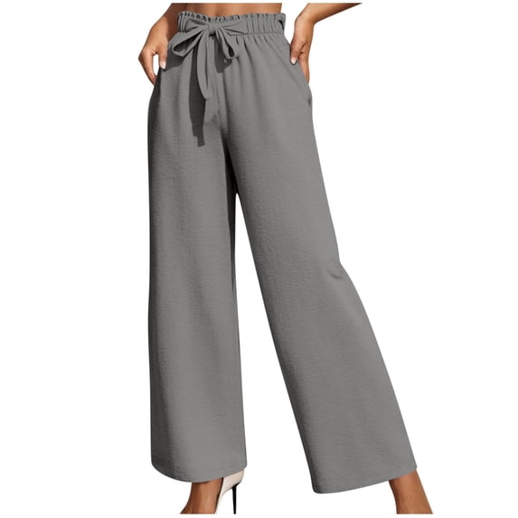 CFMDUC Women's Wide Leg Lounge Pants Smocked Elastic High Waist Casual Pants Lightweight Tie Knot Loose Flowy Trousers with Pockets Gray S