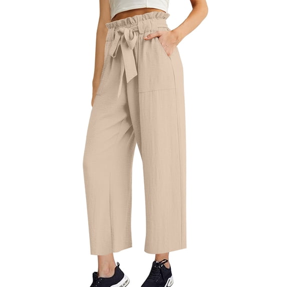 CFMDUC Women's Wide Leg Pants High Waist Adjustable Tie Knot Trousers Loose Casual Business Work Palazzo Lounge Pants with Pockets Khaki S