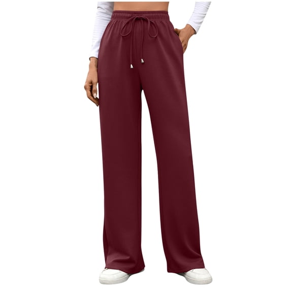 CFMDUC Women's Wide Leg Sweatpants High Waisted Baggy Lounge Pants Drawstring Athletic Flared Joggers with Pockets Wine Red L