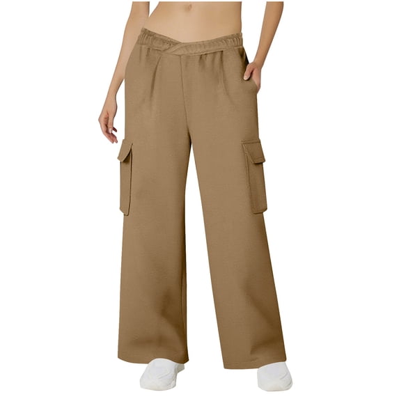 CFMDUC Women's Wide Leg Sweatpants V Crossover Elastic High Waisted Cargo Pants Casual Baggy Athletic Joggers Trousers with Pockets Beige M
