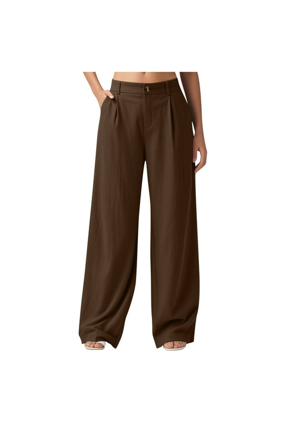 Women's Work Dress Pants High Waisted Wide Leg Linen Pants Casual Business Slacks Palazzo Trousers with Pockets Brown L
