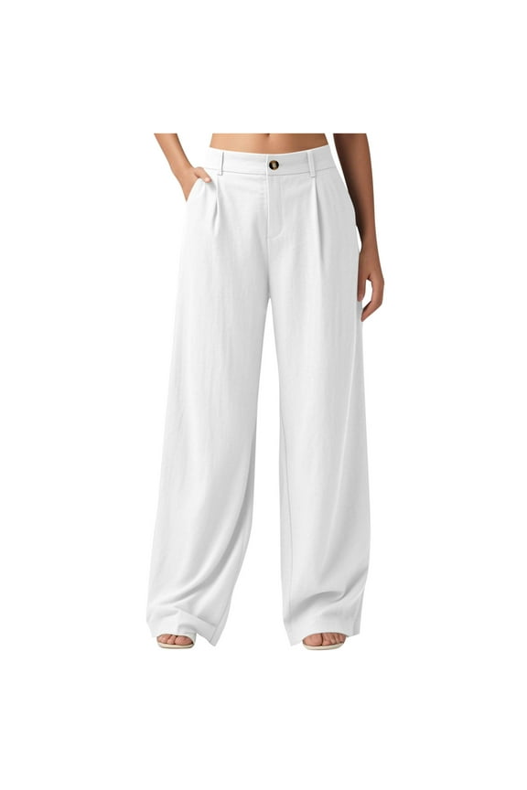 Women's Work Dress Pants High Waisted Wide Leg Linen Pants Casual Business Slacks Palazzo Trousers with Pockets White L