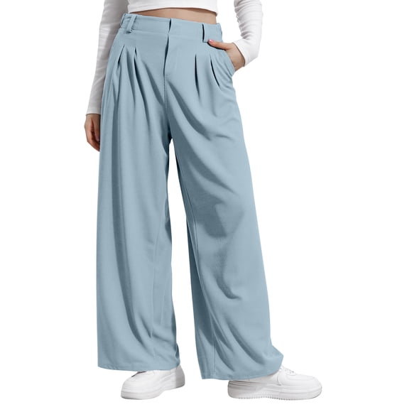 CFMDUC Women's Work Slacks Wide Leg Elastic High Waisted Waffle Knit Palazzo Pants Casual Business Dress Trousers with Pockets Light Blue XS