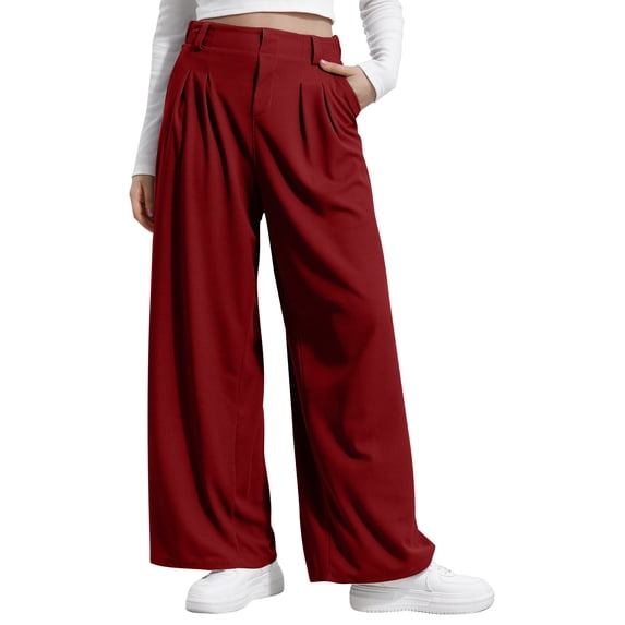 CFMDUC Women's Work Slacks Wide Leg Elastic High Waisted Waffle Knit Palazzo Pants Casual Business Dress Trousers with Pockets Wine Red L