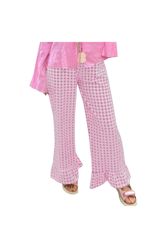 Women's Y2K Gingham Pants Wide Leg Elastic Waist Ruffle Hem Pants Casual Loose Cute Lounge Trousers Pink M