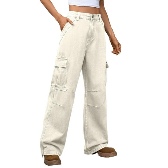 CFMDUC Womens Cargo Jeans High Waisted Straight Wide Leg Denim Pants Casual Baggy Lightweight Pull On Trousers with Pockets Khaki M