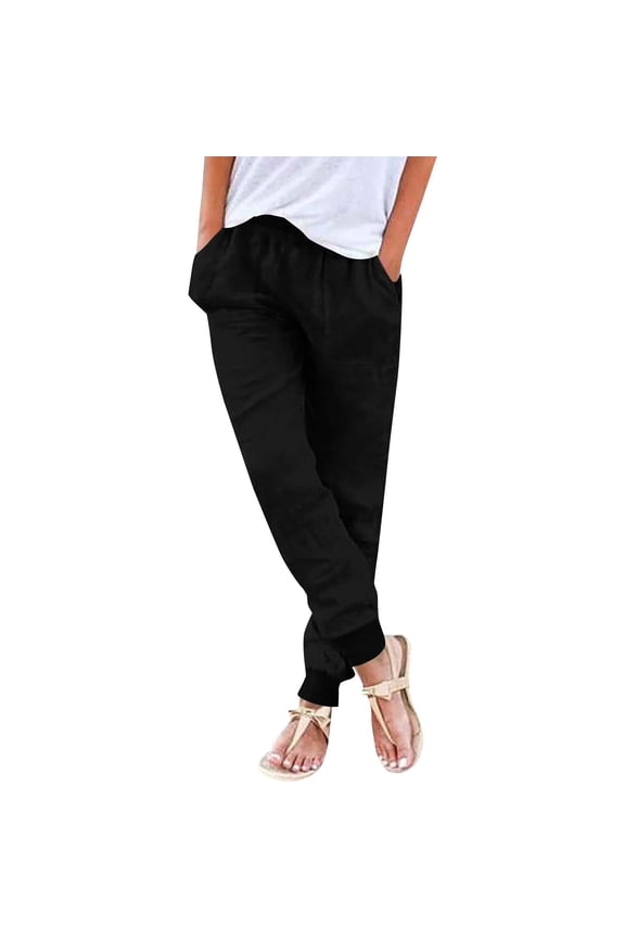 Womens Cotton Linen Jogger Pants Drawstring Elastic Waist Tapered Leg Trousers Casual Lightweight Pants with Pockets Black L