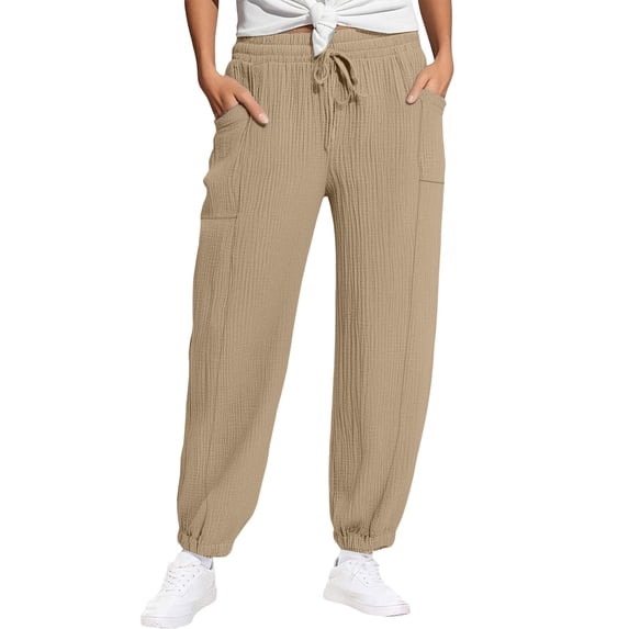CFMDUC Womens Cotton Linen Pants Drawstring Elastic High Waist Wide Leg Baggy Pants Casual Loose Joggers Trousers with Pockets Khaki S