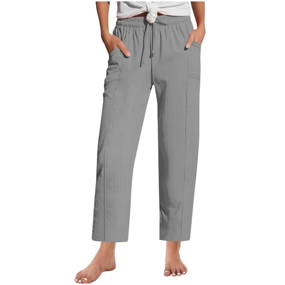 CFMDUC Womens Cotton Linen Pants Straight Leg Elastic High Waisted Drawstring Pants Dressy Casual Yoga Work Trousers with Pockets Gray XXL