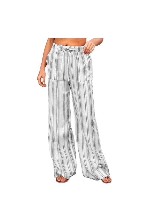 Womens Striped Palazzo Pants Wide Leg Elastic High Waisted Lounge Pants Casual Flowy Beach Travel Trousers with Pockets Gray S