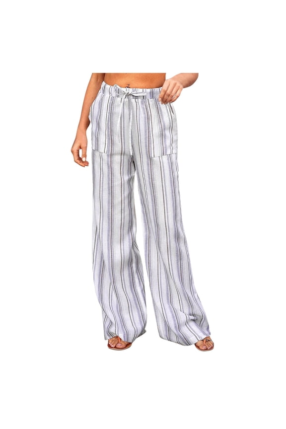 Womens Striped Palazzo Pants Wide Leg Elastic High Waisted Lounge Pants Casual Flowy Beach Travel Trousers with Pockets Light Blue S