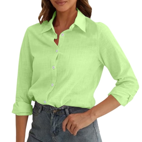 CFMIURAN Under $15 Womens Button Down Shirts, Linen Cotton Short Sleeve Button Up Top Spring Summer Casual Dressy V Neck Work Blouses (Light Green, 5XL)
