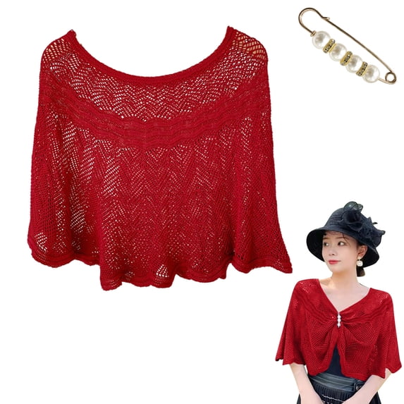 CFMIURAN Knit Shawl Wrap for Women Sun Protection Hollow Out Pullover Shawl 2-in-1 Scarf Shoulder Cape With Brooch