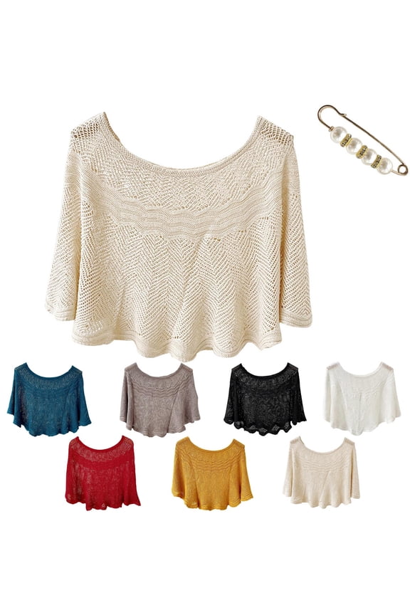 Knit Shawl Wrap for Women Sun Protection Hollow Out Pullover Shawl 2-in-1 Scarf Shoulder Cape With Brooch