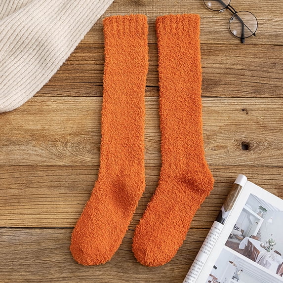 CFMIURAN Orange Knee High Socks, Winter Coral Fleece Socks Middle Tube Sleeping Home Solid Calf Socks