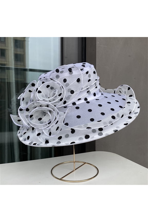 Summer Hats, Women's Elegant Polka Dot Organza Hat - Church Derby Tea Party Wedding Cap, Large Brim Vintage Fascinator Style for Special Occasions, Breathable Sun Hat for Women Ladies