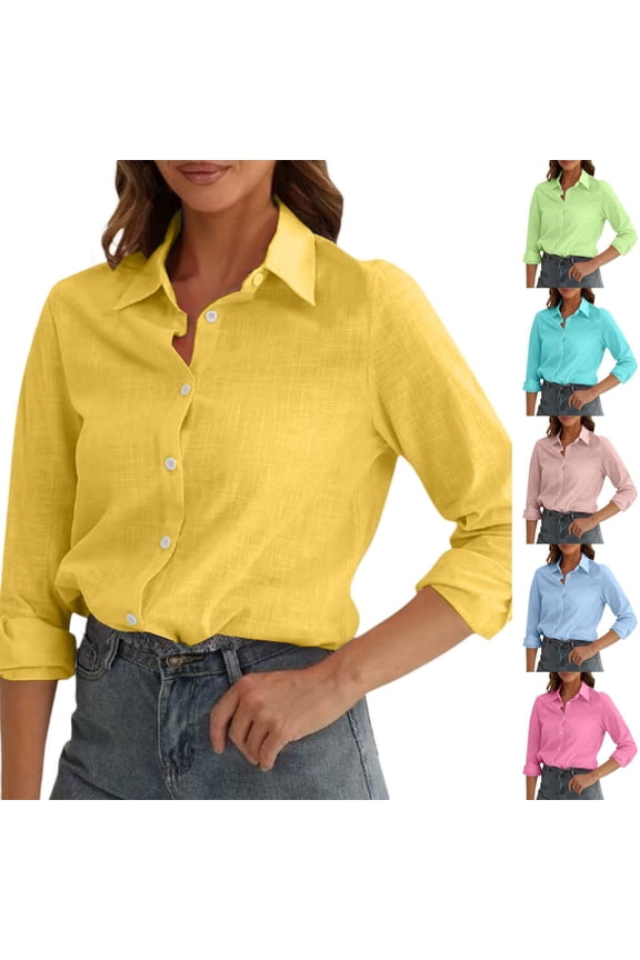 Under $10 Womens Button Down Shirts, Linen Cotton Short Sleeve Button Up Top Spring Summer Casual Dressy V Neck Work Blouses (Hot Pink, M)