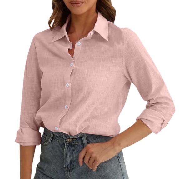 CFMIURAN Under $10 Womens Button Down Shirts, Linen Cotton Short Sleeve Button Up Top Spring Summer Casual Dressy V Neck Work Blouses (Pink, M)