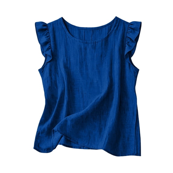 CFMIURAN Women's Linen Blend Sleeveless Tank Tops Ruffle Flutter Sleeve Round Neck Textured Fabric Loose Relaxed Fit Summer Casual Daily Solid Color Blouses(Dark Blue, XXL)