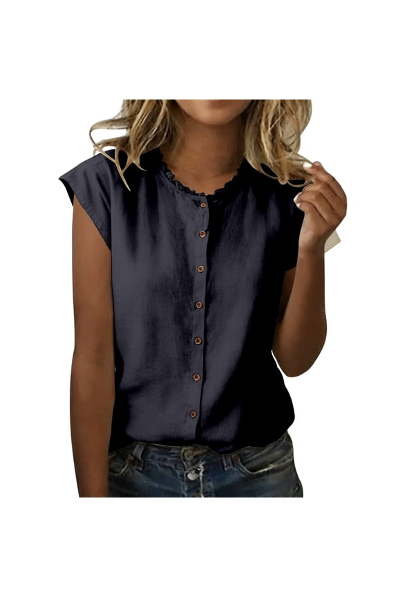 Women's Scalloped Ruffle Crew Neck Cap Sleeve Linen Blend Button Front Shirts Loose Fit Solid Color Casual Daily Beach Travel Office Work Sleeveless Blouses(Navy, M)