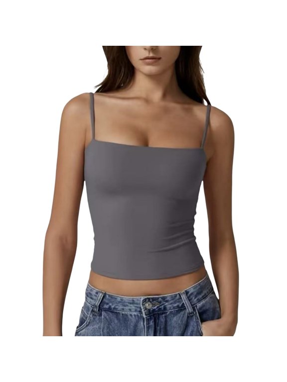 Women's Square Neck Spaghetti Strap Cami Tops Form Fitting Cropped Solid Color Basic Layering Sleeveless Undershirts Summer Daily Casual Camisoles(Grey, S)