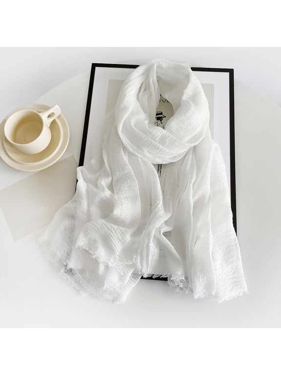 Women's Summer Cotton Blend Linen Feeling Crinkle Scarf Long Shawl Wrap Lightweight Gauze with Fringed Edges for Beach Evening Wedding