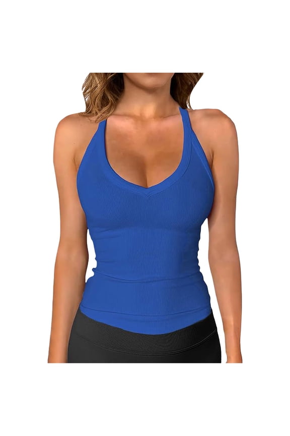 Women's V Neck Ribbed Racerback Tank Tops Fixed Thin Strap Form Fitting Longline Solid Color Workout Yoga Layering Camis(Blue, S)