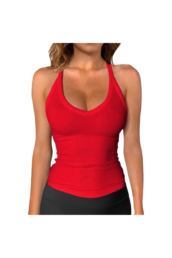 Women's V Neck Ribbed Racerback Tank Tops Fixed Thin Strap Form Fitting Longline Solid Color Workout Yoga Layering Camis(Red, L)