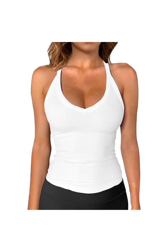 Women's V Neck Ribbed Racerback Tank Tops Fixed Thin Strap Form Fitting Longline Solid Color Workout Yoga Layering Camis(White, M)