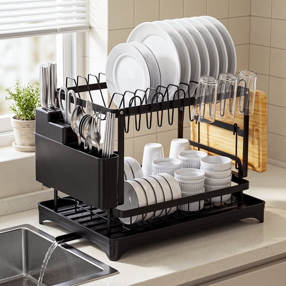 YHIPL 2-Tier Kitchen Dish Dry Rack, Carbon Steel Large Capacity Dish Drainer With Cutlery Rack, Cutting Board Sink, and Cup Holder, dish drainer for kitchen counter, Saves Space, Black