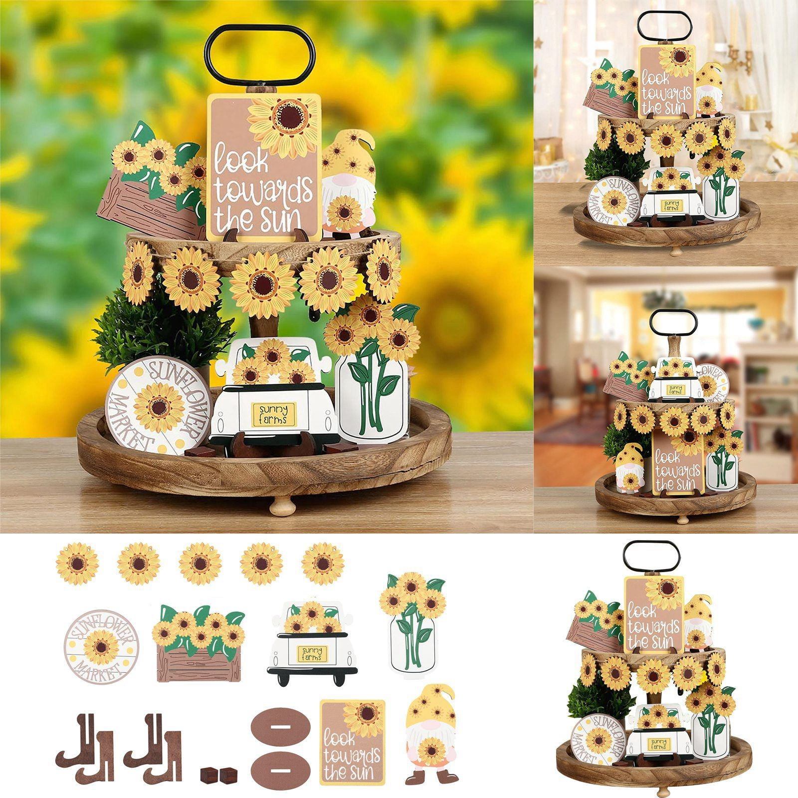 CFS Sunflower Tiered Tray Decor Set Wooden Sunflower Decor Rustic