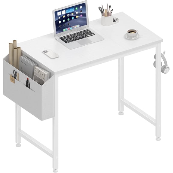 CFSmall White Desk for Small Spaces, 32 Inch Kids Girls Study Writing Desks for Bedroom, Simple Modern Laptop PC Little Side Table with Storage Bag Headphone Hook, White